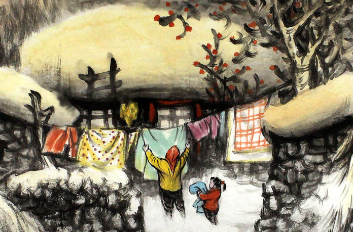 名家趙金鸰太行雪村系列四尺斗方《雪后初晴圖》局部展示