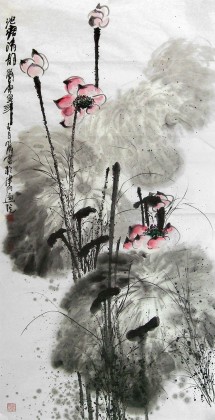 SK李明成四尺水墨荷花圖《荷塘清韻》
