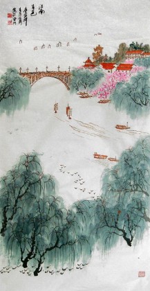 李明成四尺寫意山水畫《江南春色》