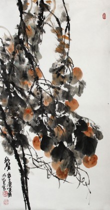 李明成三尺水墨柿子圖《秋馨》