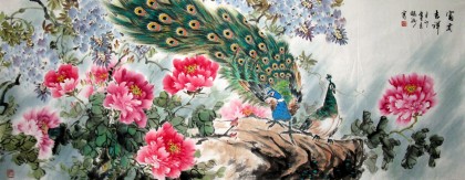 小六尺孔雀牡丹圖《富貴吉祥》
