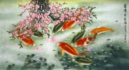 何怡六尺工筆吉祥九魚(yú)圖《年年有余圖》