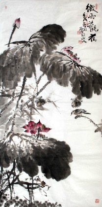 西蜀山人四尺寫意荷花圖《微雨觀荷》