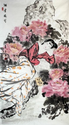 李立辰四尺紅樓夢人物《湘云眠芍》河北著名仕女畫家（詢價）