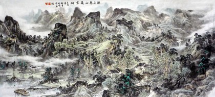 名家龍幼民六尺山水畫《溪上春山簇翠煙》