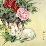 【已售】著名工筆畫家趙逸梅四尺斗方客廳臥室工筆《玉兔富貴》