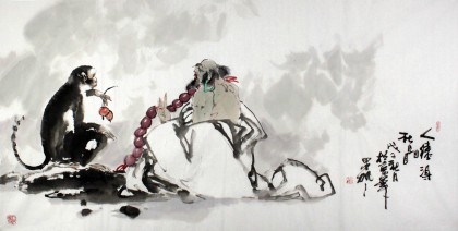 魏武雙四尺精品人物《人猿得秋圖》