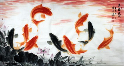 畫魚名家周升達六尺作品《魚躍龍門》