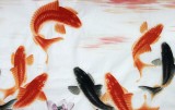 【已售】畫魚名家周升達六尺作品《魚躍龍門》
