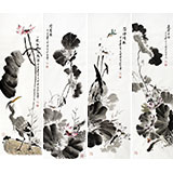 王寶欽 四尺花鳥四條屏《荷香圖》當代花鳥牡丹畫名家（詢價）