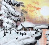 【已售】中國冰雪畫派著名畫家高宏四尺斗方《霞光映雪》