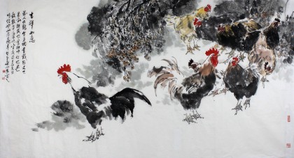 王向陽六尺精品國畫雄雞圖《吉祥如意》 