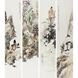 中美協(xié)龐銀時寫意人物畫四條屏《春來遍是桃花水》