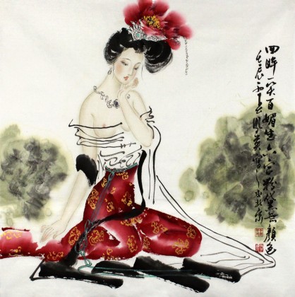 【已售】北京畫院李鳳英四尺斗方《回眸一笑百媚生》