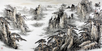 安徽美協何華賢四尺寫意山水畫《黃山煙云》