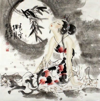 北京畫院李鳳英四尺國畫仕女圖《長空掛月》