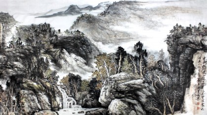 著名山水名家鄭慶年六尺山水《云抱孤村遠山通一徑斜》