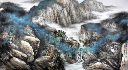 名家鄭慶年六尺山水畫作品《淡煙流水畫屏幽》