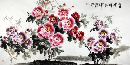 王寶欽六尺精品國畫牡丹畫《富貴祥和》