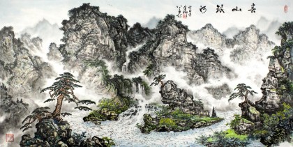 名家蒲家瑞四尺松林清泉山水畫《春山銀河》