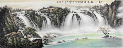張慧仁小六尺瀑布風水畫《春山觀瀑圖》