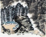 李紹山四尺三開濃墨寫意山水畫《高臺萬木風(fēng)》
