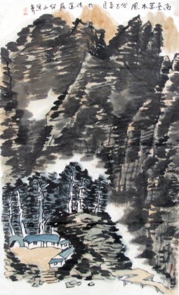李紹山四尺三開濃墨寫意山水畫《高臺萬木風》