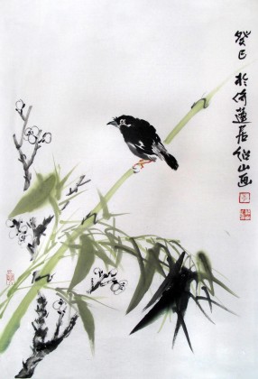 李紹山四尺三開青竹寒梅花鳥畫