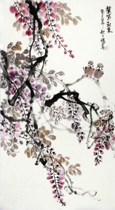 李勝春三尺紫藤花鳥畫《紫氣東來》