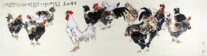 名家王向陽八尺對開水墨雄雞圖《吉祥如意》
