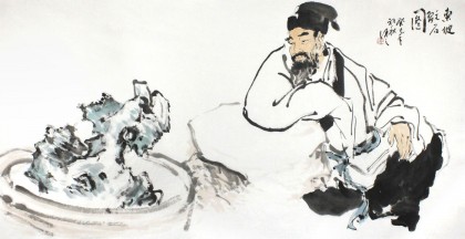 【已售】陳漫之四尺奇石國畫人物《東坡玩石圖》（詢價）