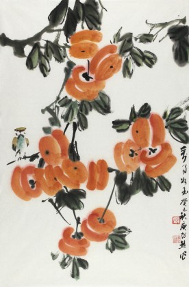 庾超然四尺三開餐廳柿子畫《萬事如玉》