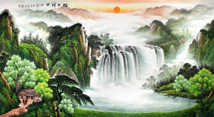 吳東六尺聚寶盆風景畫《旭日祥云》