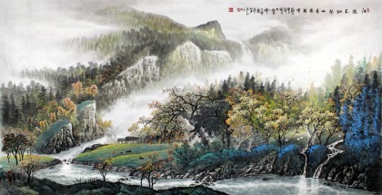張慧仁八尺山水畫《江流天地外 山色有無中》