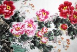 【已售】著名花鳥畫家曲逸之六尺群鳥牡丹圖《國色天香》