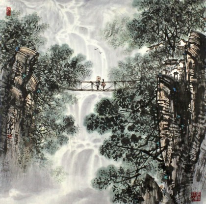 王凌云四尺斗方水墨山水畫《觀瀑圖》
