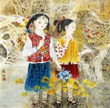 著名工筆畫家趙逸梅四尺斗方《姊妹圖》