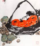 【已售】劉紀(jì)四尺三開《七月核桃八月梨九月柿子來趕集》