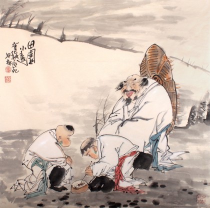 河南美協(xié)董書林四尺斗方人物國畫《田園小趣》