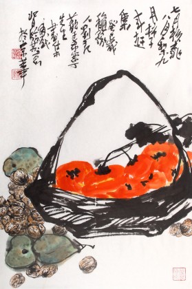 劉紀四尺三開《七月核桃八月梨九月柿子來趕集》