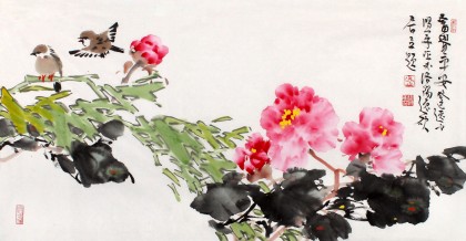 河南著名畫家曲逸之三尺牡丹畫《富貴平安》