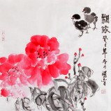 【已售】李勝春三尺斗方牡丹小雞《相依》
