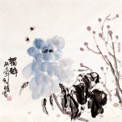 李勝春三尺斗方藍牡丹《獨醉》