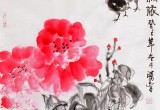 【已售】李勝春三尺斗方牡丹小雞《相依》
