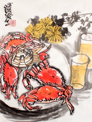 劉紀小尺寸菊花圖《菊蟹延年》