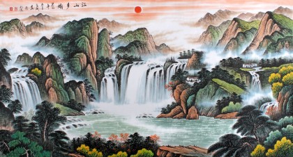 寧良成六尺聚寶盆山水畫《江山多嬌》