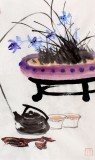 【已售】劉紀(jì)四尺三開蘭花國畫品茶圖《雙香延年》