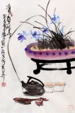 【已售】劉紀(jì)四尺三開蘭花國畫品茶圖《雙香延年》