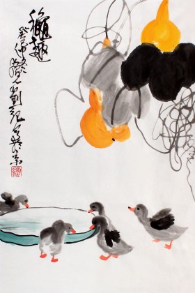 【已售】劉紀四尺三開葫蘆國畫《秋趣》 中國畫大家 真跡收藏（詢價）