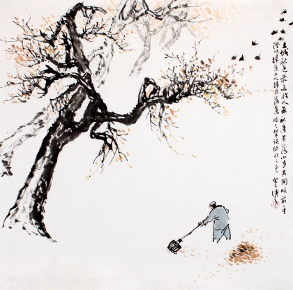 陳漫之四尺斗方國畫人物《秋葉晨掃》（詢價）